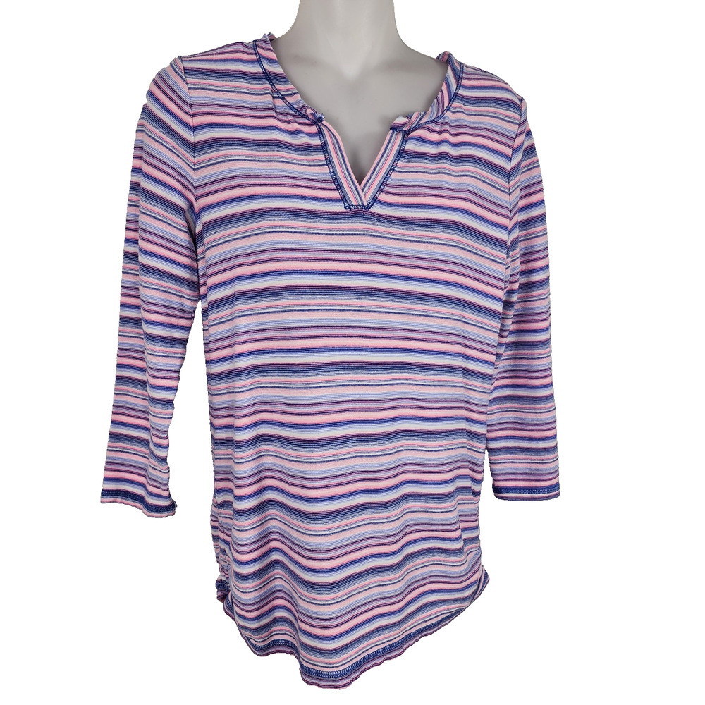 T by Talbots Women Split Neck Top Toulon Stripe 3/4 Sleeve Ruching Sides Size XS